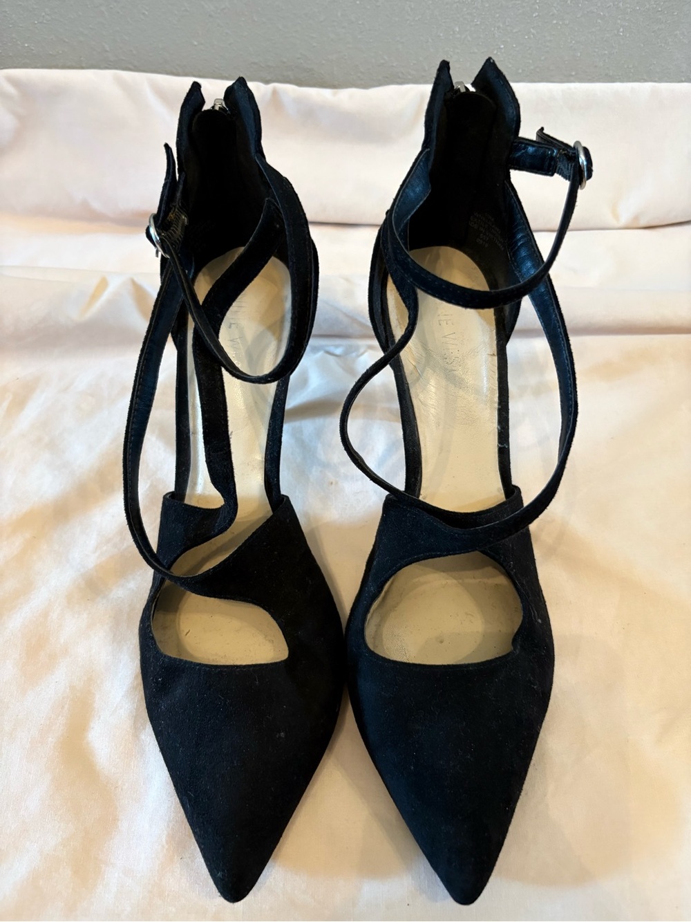 Nine West Black Suede Pointed-Toe Ankle-Strap Heels